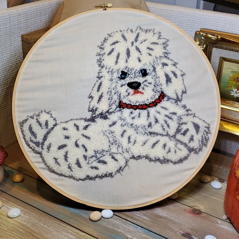 Vintage Needlecraft Poodle Dog 14" Wall Hanging on Muslin Handmade